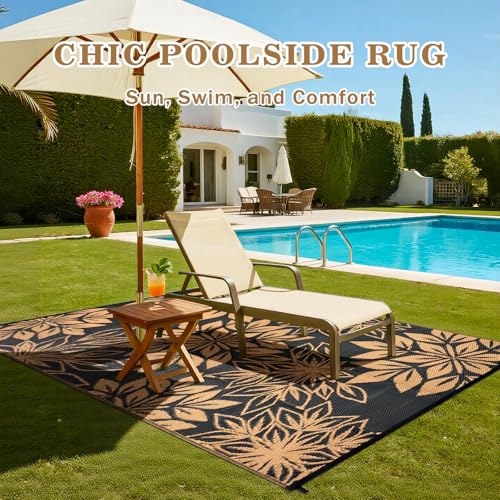 Large Waterproof Outdoor Rug 5' x 8', Reversible Black & Brown Plastic Woven Carpet, Fade & UV Resistant, Stain Proof, Portable RV Camping Mat for Deck, Porch, Patio, Garden, Picnic - color: Black, size: 5' x 8' (Rectangular)