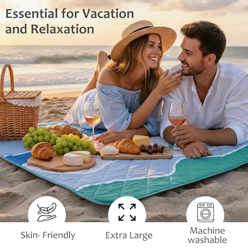 Exclusivo Mezcla Extra Large Waterproof Picnic Blankets 3 Layer, Sandproof and Foldable Outdoor Blanket for Beach Camping, Park and Travel - color: Waved Blue