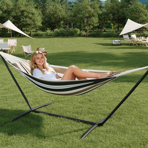 GarveeHome Double Hammock with Stand - Heavy Duty 450lbs Capacity, Portable Cotton Hammock for Two Adults, Indoor & Outdoor Use with Travel Bag(Coffee) - color: Coffee