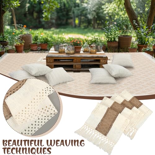 Beeveer Extra Large Outdoor Boho Picnic Blanket 181'' x 71'' Beige White Table Runner 6 Throw Pillow Cover Woven Cotton Yarn Oversize Beach Blanket Washable for Picnic Camp Wedding - color: Beige White, size: Fit 12-14 People 181'' X 71''