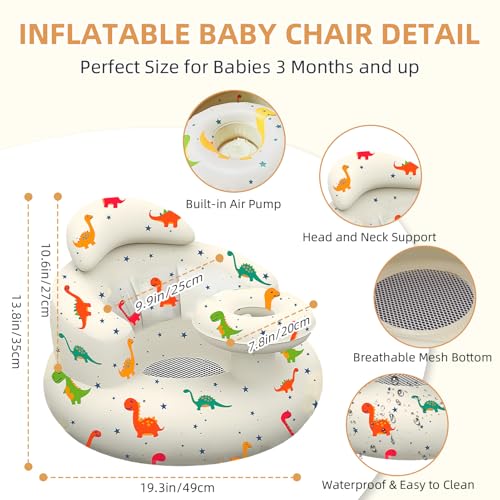 Inflatable Baby Seat with Tray, Blow up Infant Chair for Babies 3 Months and up, Comfortable Baby Floor Seats for Sitting Up, Built in Air Pump with Back Support Toddler Waterproof Sofa (Dinosaur) - color: Dinosaur