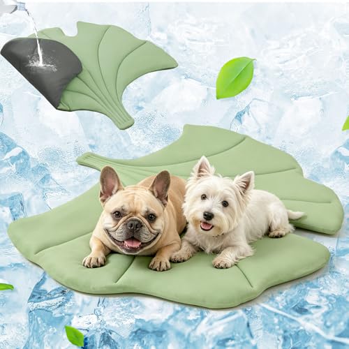 BEAUTYZOO Cooling Mat for Dogs & Cats, Dog Cooling Mat Q-Max>0.4, Double-Sided Pet Cool Pads for Summer, Crate, Kennel, Waterproof Outdoor Cooling Bed, Non-Gel Washable Chill Mats 43"x39" Leaf Shaped - color: Green Ginkgo Leaf, size: Large