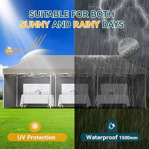 Hoteel 10x30 Pop Up Canopy Tent Heavy Duty with 5 Sidewalls, Waterproof Party Tent, Easy Set-up Commercial Instant Tents with Roller Bag & Sandbags, Hexagonal Leg (1-Year Warranty) - color: Gray, size: 10×30 （5 Walls）