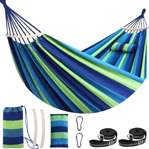 Chihee Hammock for Stand 9.8ft x 4.9ft Soft Cotton Hammock Holds Up to 660lbs Portable Tree Hammocks with Detachable Spreader Bar Pillow 2 Strong Webbings 2 Carabiners Patio Garden Indoor Outdoor - color: Blue/Green Stripes, size: 300x150cm
