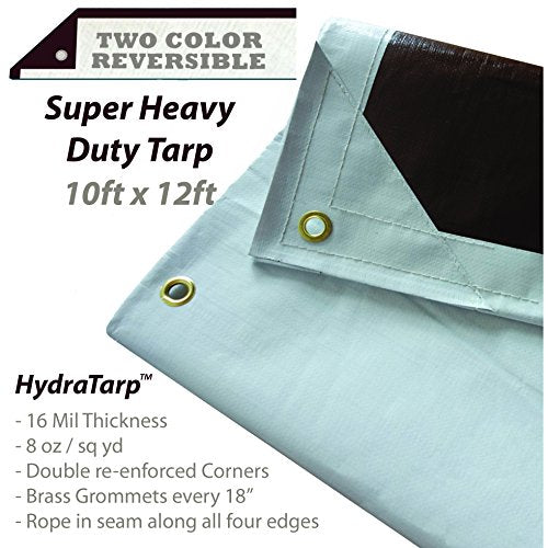 HydraTarp 10 Ft. X 12 Ft. Super Heavy Duty Waterproof Tarp - 16mil Thick - White/Brown Reversible Tarp - size: 10ft x 12ft