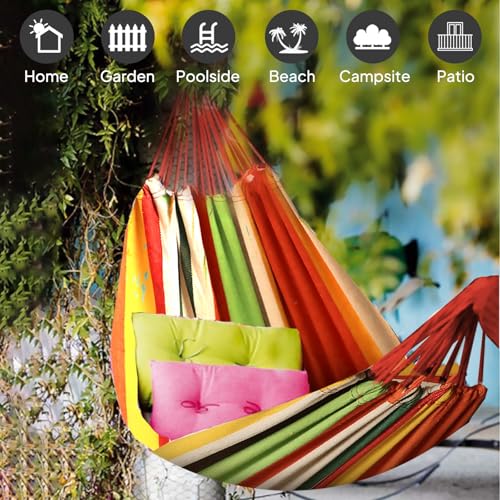 ANYOO Cotton Hammock Portable Camping Hammocks for Hanging Sturdy Garden Comfortable Fabric Hammock with Tree Straps Up to 660lbs with Travel Bag for Camping Outdoor/Indoor Patio Backyard - color: Orange