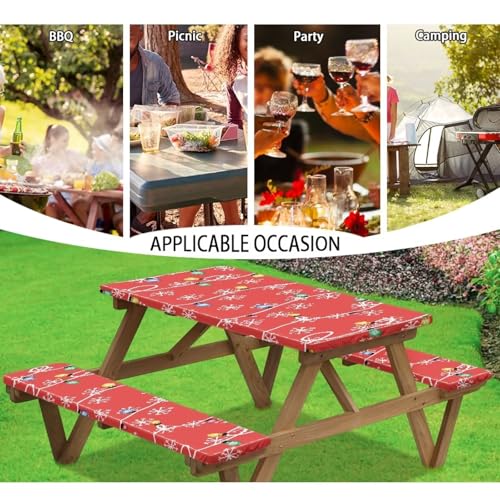 Christmas Colored Lights Snowflake Picnic Table Cover with Bench Covers 3 PCS for Outdoor Camping Rectangle Table Cloth for Picnic Camping Outdoor - color: Christmas Colored Lights Snowflake, size: Small