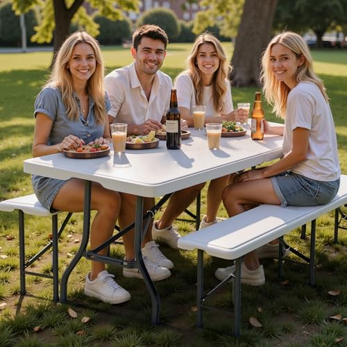 6FT Folding Table Set with 2 Folding Benches, Heavy Duty HDPE Materials, Locking Safety Design, 3-Piece Portable Folding Furniture for Camping, Picnic, Party, Indoor & Outdoor, White