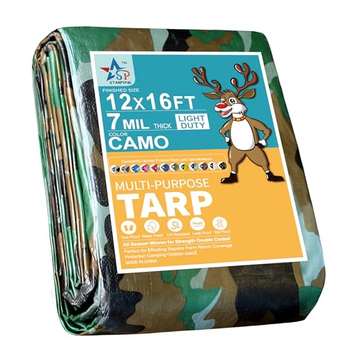 STARPYNG-7 Mil Camouflage 12x16 Feet Tarp-Multifunctional Camo Waterproof Tarpaulin-Waterproof, UV Resistant, Rip and Tear Resistant, Poly Tarpaulin with Reinforced Edges for Cover - color: Camo, size: 12x16FT