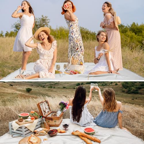 Hahafelt 91x 71 in Extra Large Outdoor Picnic Blanket with Waterproof Mat Oversize Beach Woven Cotton Yarn Blanket with Fringe Machine Sandproof for Spring Summer Camping Beach Park(Boho,White) - color: White