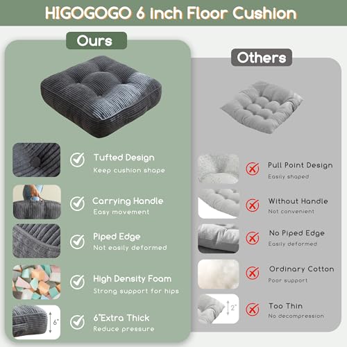 HIGOGOGO 6" Extra Thick Floor Pillow Cushion for Adults, Meditation Cushion Pillow, Large Square Floor Sitting, Tufted Corduroy Cover, for Tatami Living Room or Yoga, 22x22 Inch, Dark Grey - color: Square Dark Grey, size: 6" Thick(Pack of 1)