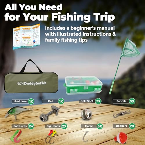DaddyGoFish Kids Fishing Pole - Rod Reel Combo Tackle Box Starter Set - First Year Small Gear Kit for Boys Girls Toddler Youth Age Beginner Little Children - color: Green (Essential Set), size: 4ft