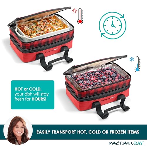 Rachael Ray Expandable Insulated Casserole Carrier for Hot or Cold Food, Thermal Lasagna Lugger Tote for Potluck, Parties, Picnic, and Cookouts, Fits 9" x 13" Baking Dish - color: Red Buffalo Check