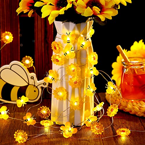 Zhanmai 2 Pcs Bee String Lights Decor 20ft Honeybee Fairy Lights with 60 LED Bulb Battery Operated Bee Tree Decorative for DIY Bedroom Patios Summer Party Indoor Outdoor Wedding Camping - style: Bee, Sunflower