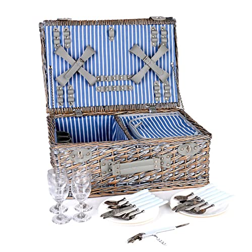 Picnic Basket Set for 4 Persons, Willow Picnic Basket with Insulated Cooler Bag and Tableware, Handmade Gift Hamper for Outdoor Lake Beach Camping and Party