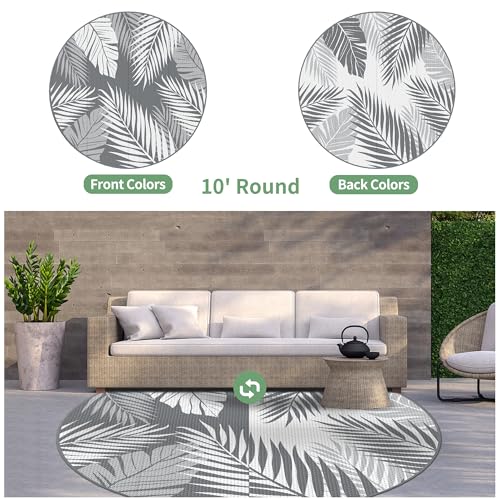 GENIMO Outdoor Rug 10' Round Waterproof for Patios Clearance, Reversible Outdoor Plastic Straw Camping Rug Carpet, Large Area Rugs Mats for RV, Camper, Deck, Balcony, Porch, Beach, Picnic, Grey&White - color: Grey & White | Waterproof, size: 10' (Round)
