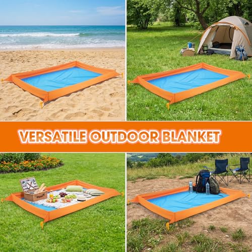 Qunclay Oversize Large Sandproof Beach Blanket 7.2 x 4.6 ft Outdoor Playpen Mat with 3.5" Tall Walls Waterproof Sand Free Picnic Sheet with Stakes & Storage Bag for Family, Beach Camping Essentials