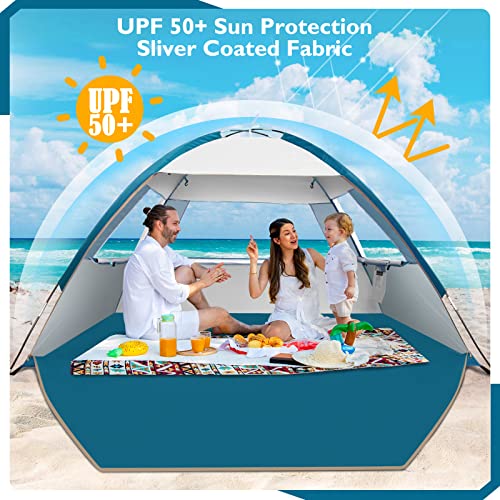 COMMOUDS Beach Tent Sun Shade for 3/4/6/8 Person, UPF 50+ Beach Sun Shelter Canopy Tent, Lightweight, Easy Set Up and Carry - color: Silver, size: 3 Person