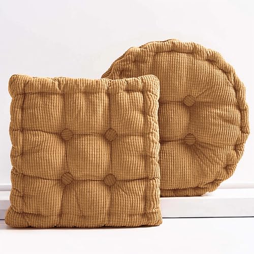 Meditation Floor Pillow Set of 2 Large Square and Round Floor Cushions for Adults Brown Corduroy Floor Seat Pillows Cushion for Living Room Balcony Tatami Yoga,18x18 Inch - color: Brown