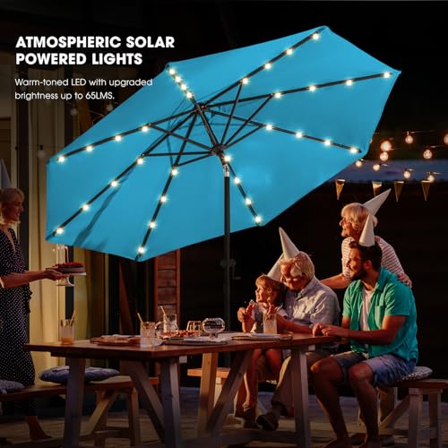 wikiwiki 9FT Solar Led Patio Umbrella with Base Included, 32 LED Lights, 8 Sturdy Ribs, Fade Resistant Waterproof POLYESTER DTY Canopy for Garden, Lawn, Deck, Backyard & Pool, Sky Blue - color: Sky Blue, size: 9FT