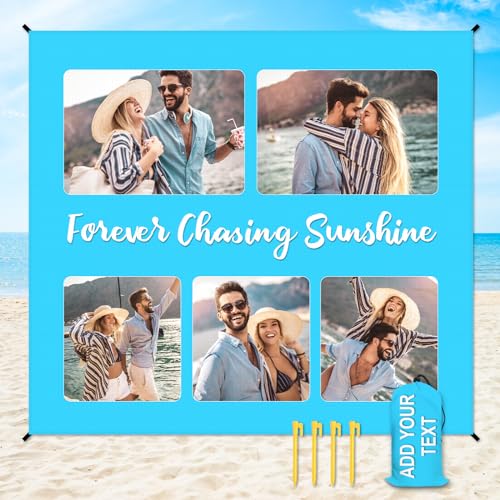 Personalized Beach Blanket Waterproof Sandproof, Custom Picnic Blanket Gift with Text, Photos, Sand Free Beach Mat with Portable Bag, 4 Corner Pockets for Beach Festival,Family Group Travel - color: Color3