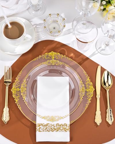 Nervure 350PCS Clear Gold Plastic Plates - Gold Plastic Dinnerware Sets for 50 Guests - 100 Disposable Plates, 150 Silverware, 50 Cups, 50 Napkins for Wedding & Party - color: Clear and Gold