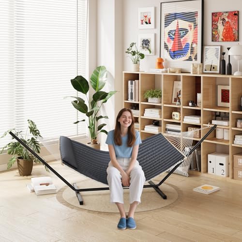 2 Person Double Hammock with Iron Frame Stand,475Lb Capacity,Portable Rope Hammock for Garden, Camping, and Relaxation, Dark Grey - color: Dark Gray (Flat)
