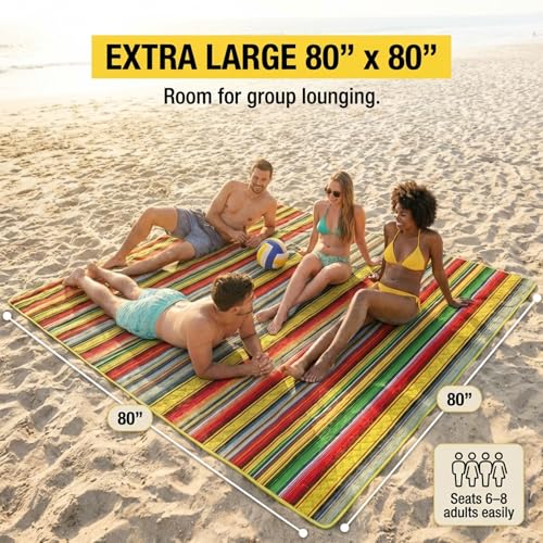 NEW 2026 Mexican Style XL Beach Blanket, Soft 3-Layers Thick Mat, Sand Free, Waterproof, Easy Fold