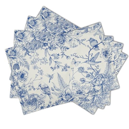 Chinoiserie Placemats Set of 4,18X12 Inch Blue Birds Floral Porcelain Washable Heat Resistant Place Mats for Spring Summer Seasonal Kitchen Party Dining Table Decoration - color: Chinoiserie Flowers