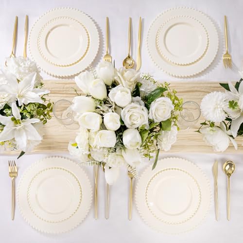 U-QE 60PCS Ivory Plastic Plates - Beaded Ivory Plates Disposable Heavy Duty - Perfect for Party, Baby Shower, Wedding, Birthday - Include 30PCS 10inch Dinner Plate & 30PCS 7inch Dessert Plate - color: Ivory