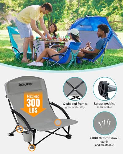 KingCamp Low Beach Chair, High Back Folding Camping Chair for Adults, Oversized Breathable Mesh Seat, 300lbs Heavy Duty Portable Chair with Cup Holder & Storage Pockets for Beach, Outdoor - color: Ergosolid C Grey 2pcs