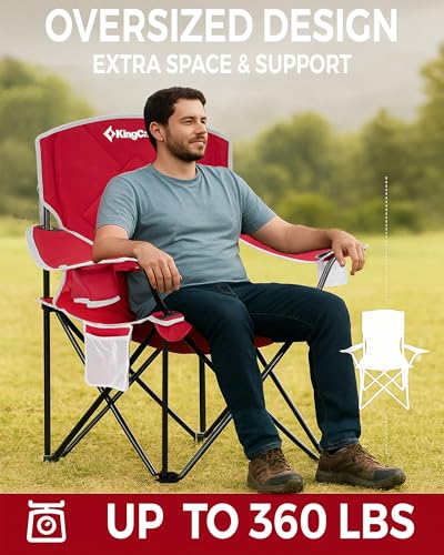KingCamp Oversized Camping Chair, Portable Folding Outdoor Chairs with Comfortable Padded Seat, Side Pocket and Cup Holder for Fishing, Tailgates, Beach, Lawn, RED - color: Light Red
