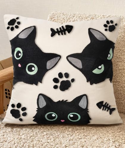Embroidered Throw Pillow Cover 20x20 Inch - Spring Summer Boho Decorative Pillow Cover with Zipper for Living Room Couch Sofa Bed Aesthetic Design Cat Bone Cushion Pillowcase - color: Cat Bone, size: 20" x 20" (Pack of 1)