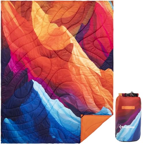 KingCamp Ultralight Camping Blanket, Packable Down Alternative Puffy Printed Wearable Blanket with Snap Buttons & Corner Loops Weatherproof Quilt for Outdoor Travel Stadium (78.7"L x 57.1"W, PEAK) - color: Scenictrail-peak, size: 79" x 57"