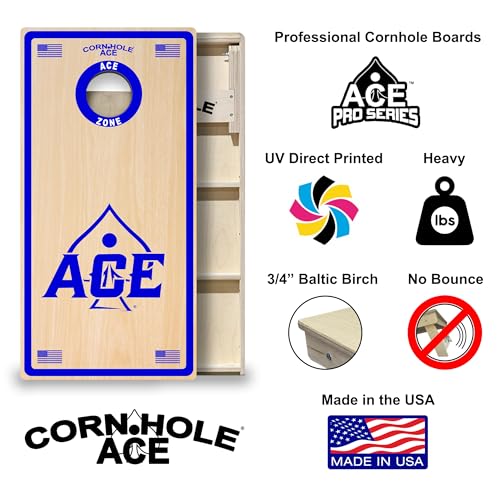 CornholeAce ACE PRO Professional Cornhole Boards - No Bounce! Triple Wide Legs, 3/4" Baltic Birch Plywood, Handles, Regulation Size (4x2ft), Tournament Style, Made in USA - color: Blue