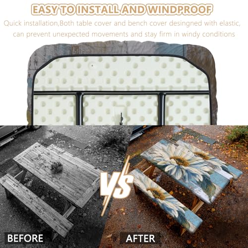Picnic Table Cover with Bench Covers Elastic Edges, Outdoor Patio Camping Essentials 72 Inch 3PCS, Waterproof Camping Fitted Tablecloth with Handbags (Wood flower) - color: Wooden board watercolor chrysanthemums