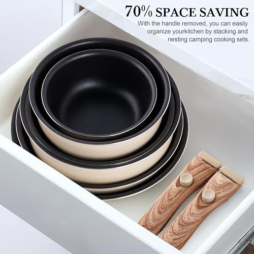 Pots and Pans Set Nonstick - YIIFEEO Stackable Camping Cookware Pots and Pans Set Detachable Handle Kitchen Cookware Sets Removable Handle, Non Toxic Nonstick Frying Pans for Cooking Pot Set Gift - color: Black Beige