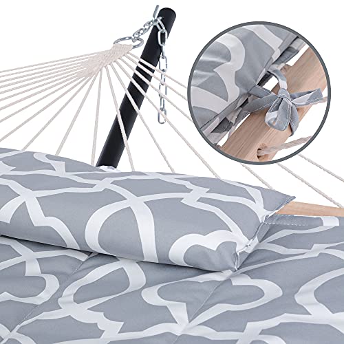 SUNCREAT Outdoor Double Hammock with Stand, Two Person Cotton Rope Hammock with Polyester Pad, Circle Pattern - color: Pad-gray Pattern