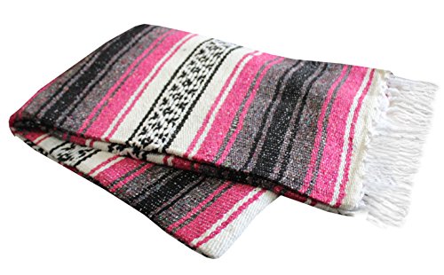Del Mex Classic Mexican Blanket, Large Authentic Woven Falsa Throw (70"x50"), Artisan Southwest Décor for Beach, Yoga, Outdoors (Hot Pink/Fuchsia) - color: Fuchsia
