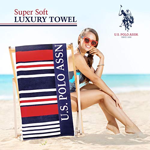 U.S. Polo Assn. Oversized (40” x 70”) Striped Nautical Design Beach Towel - Luxury Plush Cotton Hotel Quality for Bath, Pool - Bon Voyage Stripe - color: Bon Voyage Stripe, size: 40" x 70"