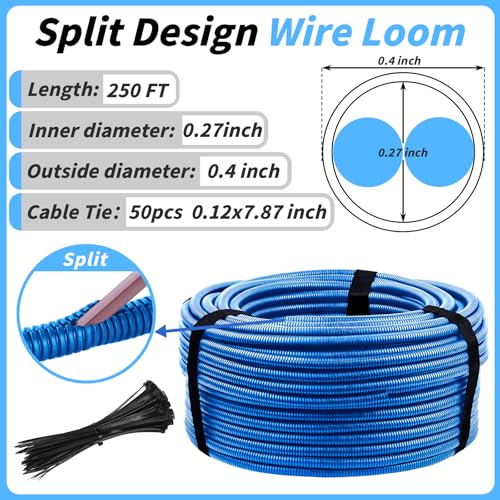 250FT Blue Split Wire Loom Tubing, 3/8 Inch Wire Protector Tubing, Automotive Wire Flexible Conduit Cord Covers with 50 Cable Ties for Automotive Marine Agriculture Electrical Cable Protection - color: Blue, size: 3/8in x 250ft