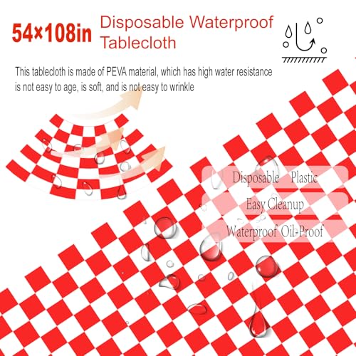 4 Pack Checkered Tablecloth Disposable Plastic Red and White Checkered Tablecloth Waterproof Rectangular Picnic Table Cover, Black Party Decoration, 54 x 108 inches - color: Red Checkered, size: 54" x 108" Rectangular (4 Pack)