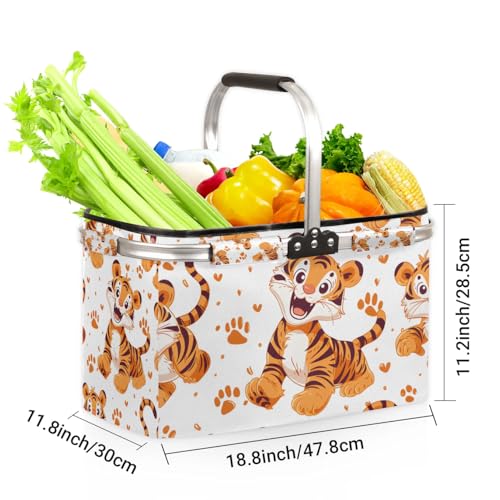 Large Picnic Basket 40L Shopping Basket Grocery Bags Folding Strong Aluminum Frame Market Basket - color: Tiger(style 2)