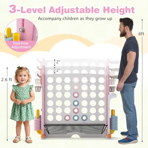 COSTWAY Giant 4 in A Row Connect Game Set, Height Adjust 4-to-Score Game with Mesh, Golf, Ring Toss Sets, Basketball & Cup Holders, Indoor Outdoor Yard Party Game for Kids Adults, Family (Pink) - color: White & Pink