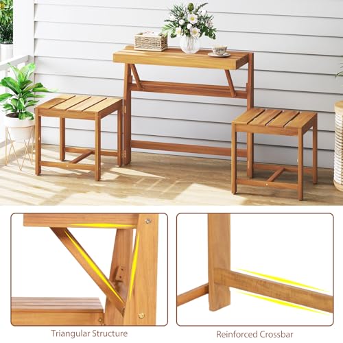 HAPPYGRILL 3-in-1 Acacia Wood Outdoor Dining Table Bench Set, with 2 Built-in Chairs, Plant Stand, Patio Bench Table for Backyard Garden