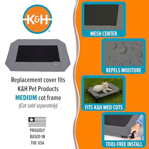 K&H Pet Products Dog Cot Replacement Cover, Designed to fit K&H Medium Pet Cots (Sold Separately), Indoor Outdoor, Breathable Cooling Mesh Center, Machine Washable - Medium 32 X 25in Gray - color: Gray/Black Mesh, size: Medium 32 X 25 Inches