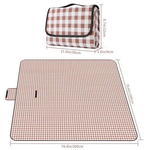 Picnic Blanket Waterproof Beach Rug 80''x80'' Picnic Mat Washable Lightweight with Handle Coffee Checkered for Hiking Travelling Outdoor Camping,Parks - color: Coffee, size: 6'8" x 6'8"
