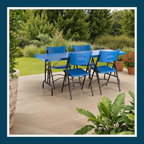 OEF Furnishings OEFBTA-3072-04 Adjustable-Height Commercial-Grade Premium Industrial Folding Table, 6-Foot Pedestal-Leg Design with 17-Gauge Steel Frame and Thick Double-Wall Top (72" × 30", Blue Top) - color: Blue