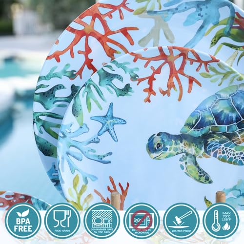 12-Piece Melamine Turtle Dinnerware Set, Ocean Plates and Bowls Sets, Indoor Outdoor Dish Sets for 4, Unbreakable Lightweight Tableware Set - Turtle - color: Blue Turtle