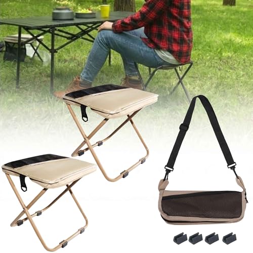 COMELY Camping Stool Folding Chair: All-Terrain Pocket Stool, 4 Anti-Sink Feet Stability, 270Lbs Capacity & 3s Setup, 600D Oxford Durable Seat. 5000 Cycle Tested for Rugged Sites Experienced Campers. - color: Khaki-2 Sets